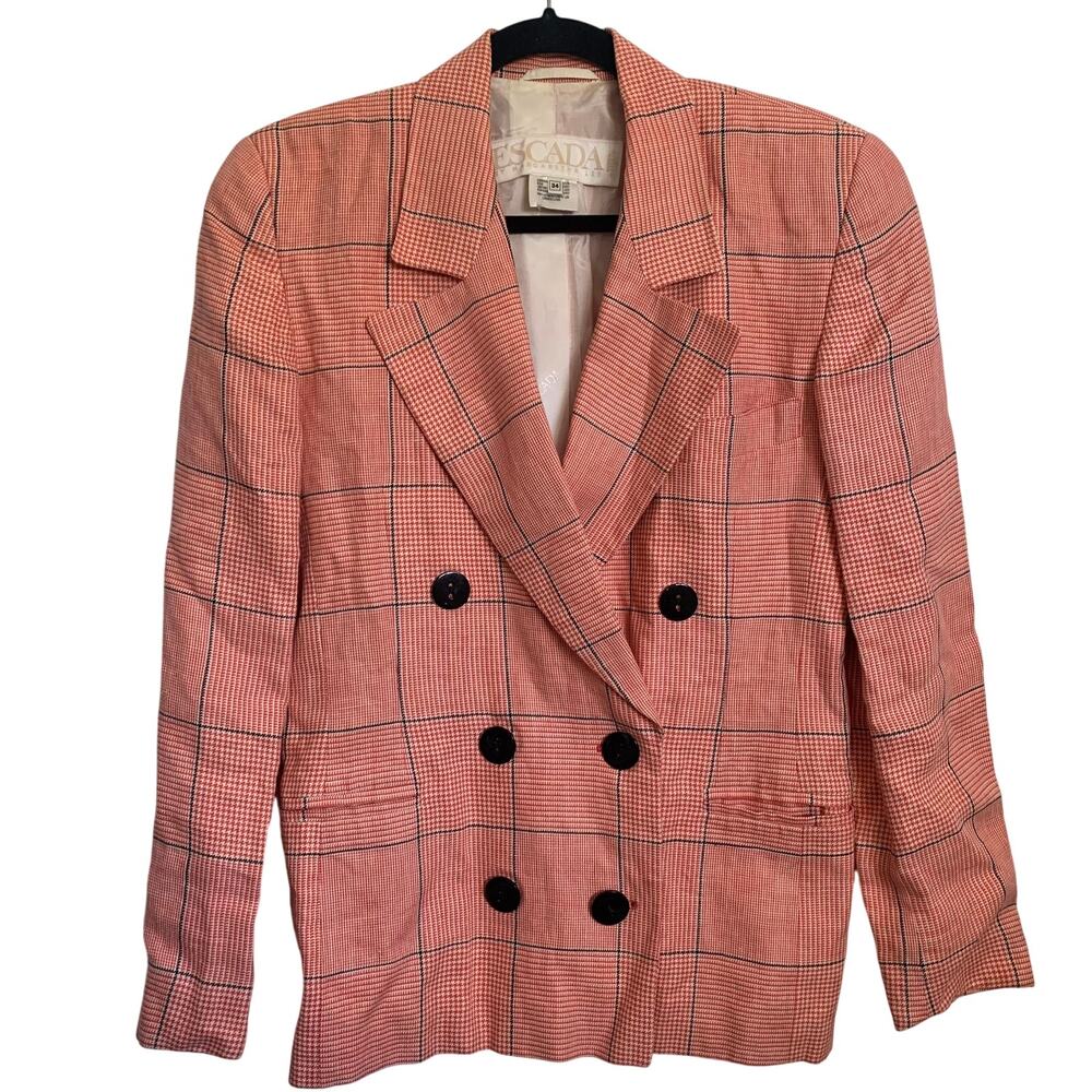 VTG Escada‎ Sz XS Oversized 100% Linen Houndstooth Double Breasted Blazer Jacket